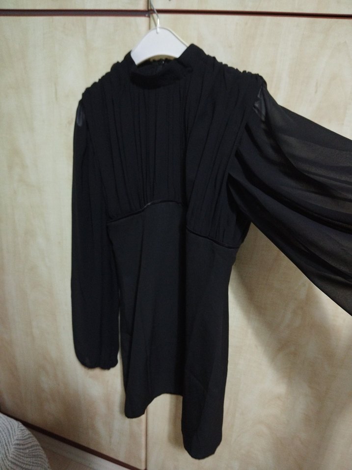 Piliseli Siyah Uzun Kollu mini elbise - Görsel 4