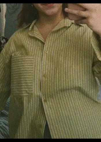 yağ yeşili Çizgili Düğmeli Kadın Gömlek - Görsel 2