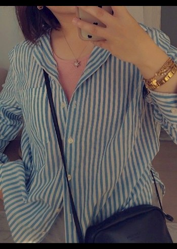 Mavi Çizgili Kadın Gömlek - Görsel 2