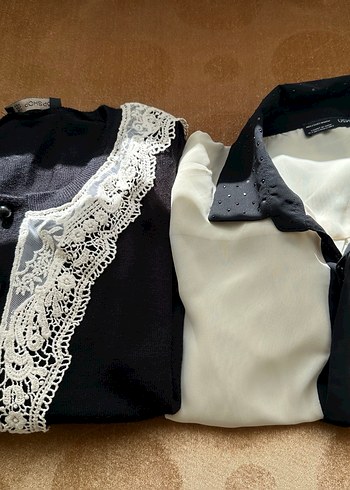 Topshop 2 li Dantel Detaylı Siyah Triko ve gömlek
