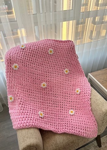 Nakışlı Pembe Örgü Çocuk Battaniyesi - Görsel 2