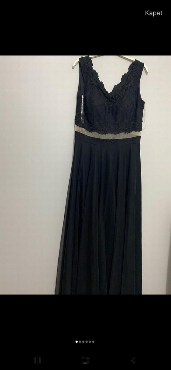 Siyah Dantelli Uzun V Yaka Kadın Abiye Elbise - Görsel 3