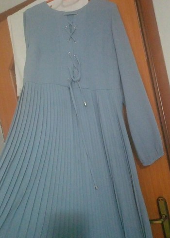 Uzun Kollu Pileli Gri Kadın Elbise - Görsel 4