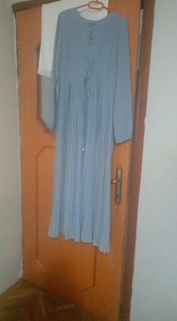 Uzun Kollu Pileli Gri Kadın Elbise - Görsel 5