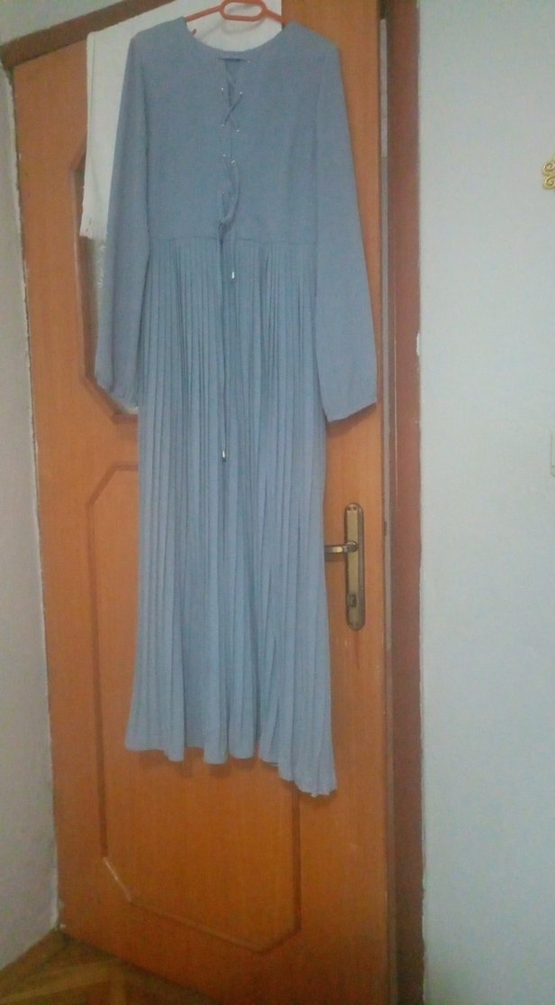 Uzun Kollu Pileli Gri Kadın Elbise - Görsel 2