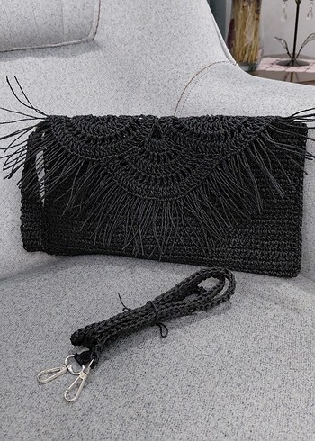 Püsküllü Siyah Bohem Örgü Kadın Clutch Çanta