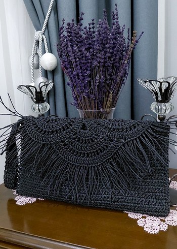 Mango Püsküllü Siyah Bohem Örgü Kadın Clutch Çanta