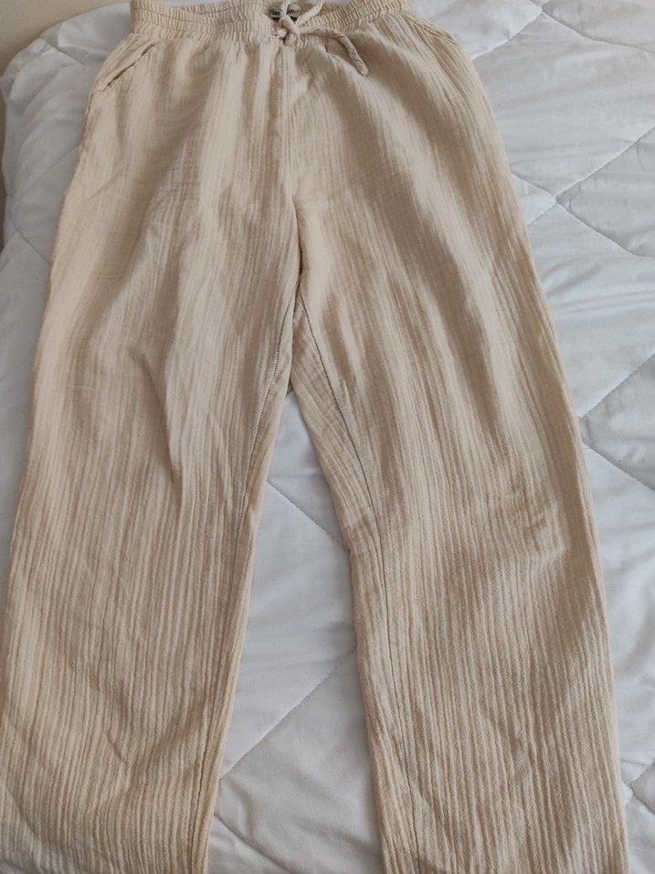 Bej Pilili Kadın Keten Pantolon - Görsel 2