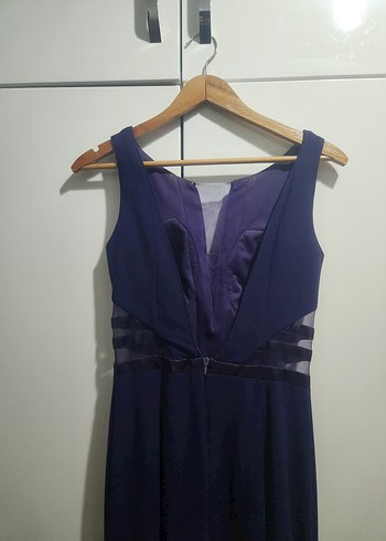 Kadın mor Uzun V Yaka Drapeli Abiye Elbise - Görsel 5