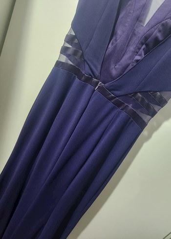 Kadın mor Uzun V Yaka Drapeli Abiye Elbise - Görsel 6