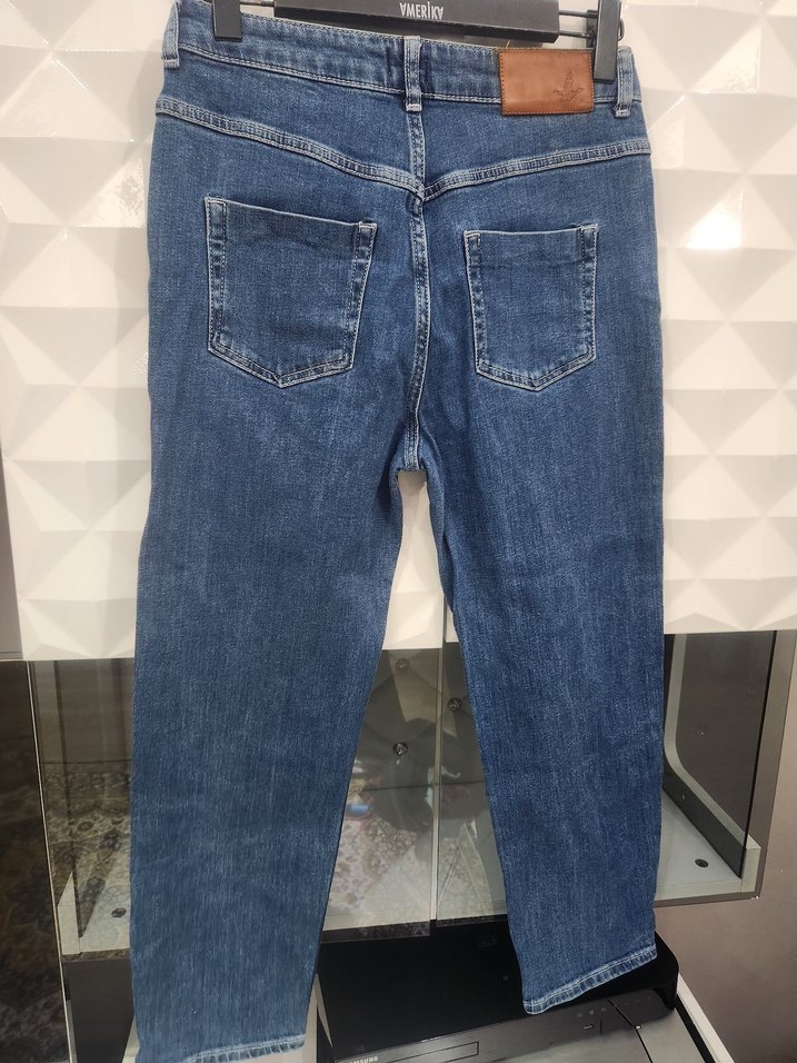 Kadın Mavi Kemerli Midi Boy Denim Jean - Görsel 2