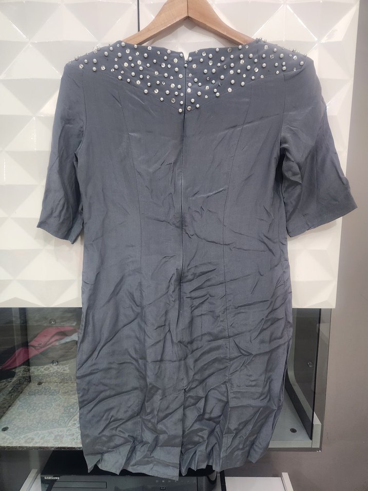 Gri Düğmeli Midi Gece Elbisesi - Görsel 4