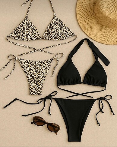 Kadın Siyah Leopar 2li Bikini Mayo Takımı