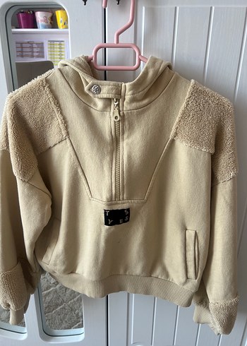 Bej Kapüşonlu Fermuarlı Sweatshirt