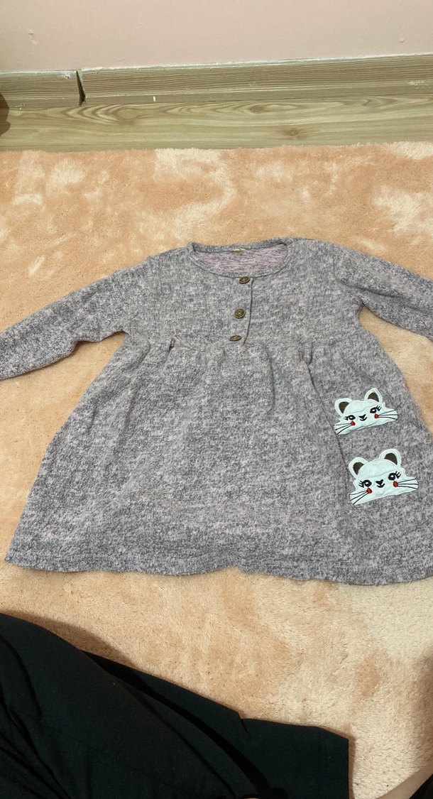 Uzun Kollu Gri Nakışlı Kız Elbisesi - Görsel 2