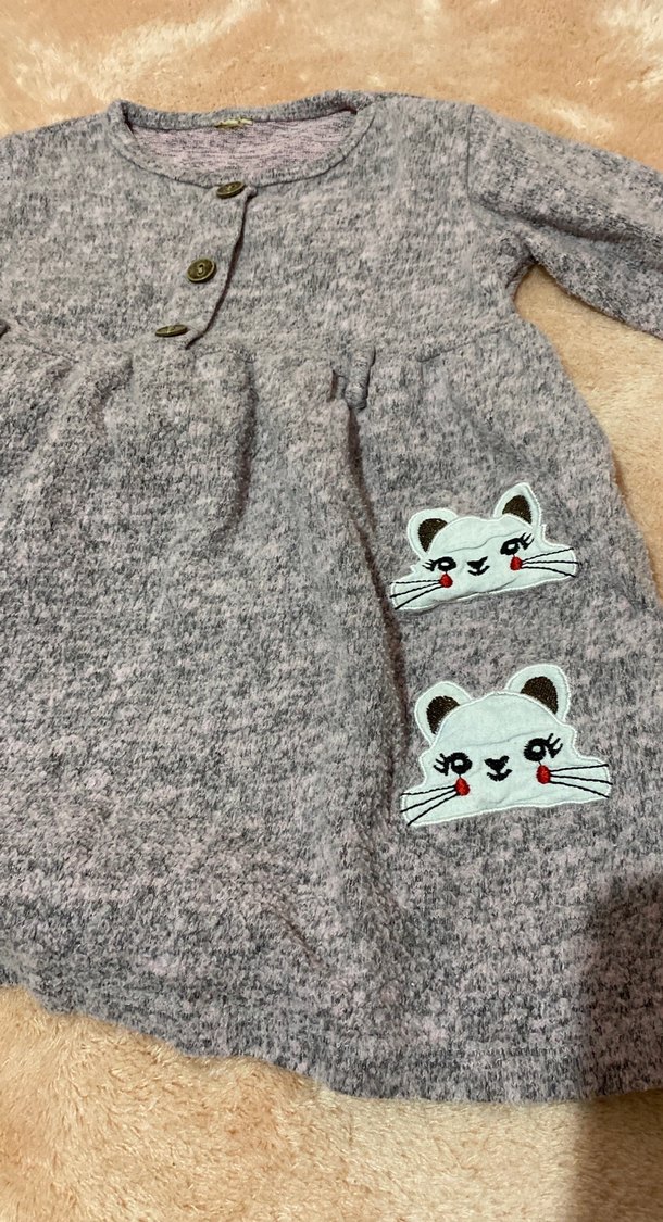 Uzun Kollu Gri Nakışlı Kız Elbisesi - Görsel 3