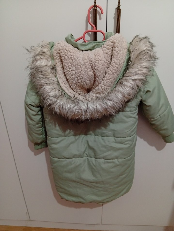 su yeşili kız Çocuk Kürklü Kapüşonlu Kaban - Görsel 2