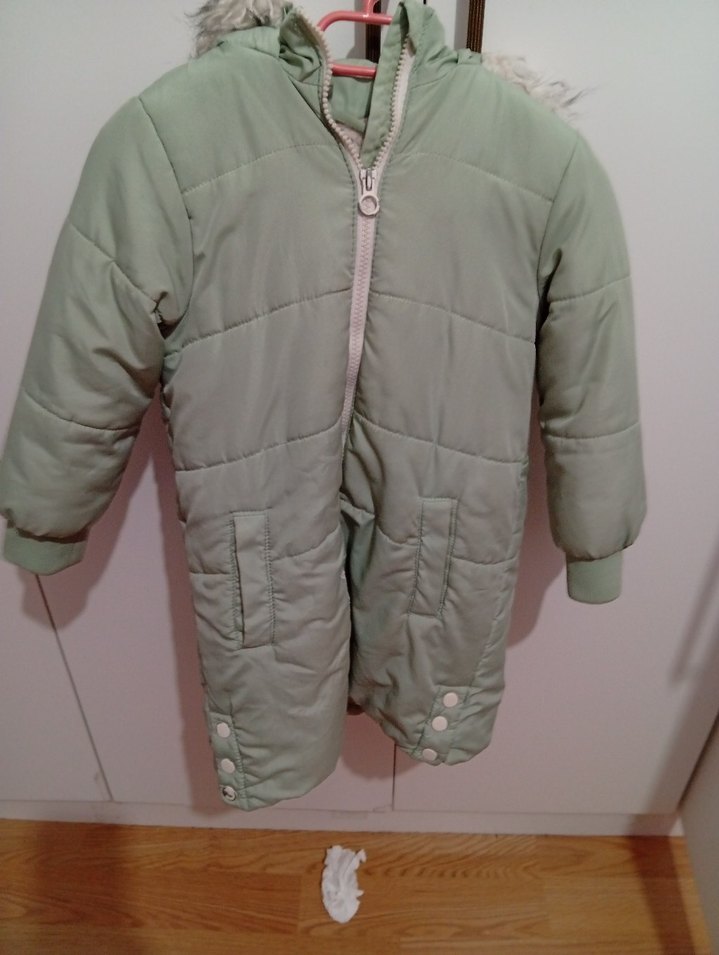 su yeşili kız Çocuk Kürklü Kapüşonlu Kaban - Görsel 3