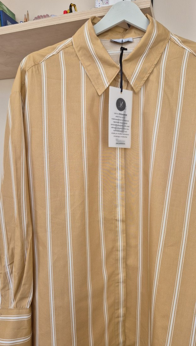 Bej Uzun Kollu Düğmeli Kadın Gömlek - Görsel 3