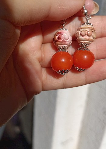 Diğer Sıkma Kehribar ve Lületaşı Boncuklu Mini Bohem Küpe