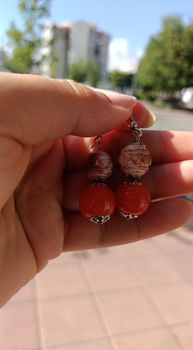 Sıkma Kehribar ve Lületaşı Boncuklu Mini Bohem Küpe - Görsel 2