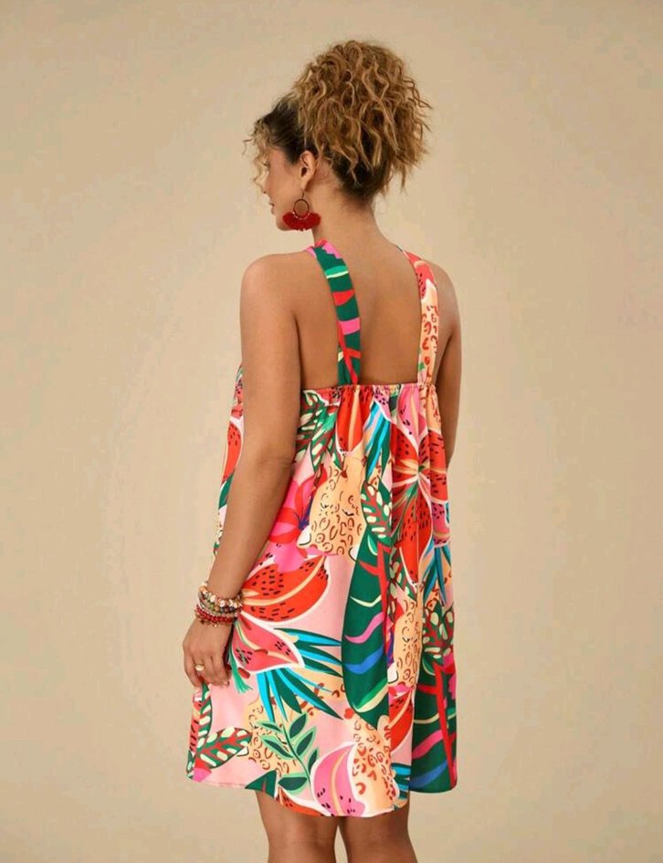 Renkli Desenli Drapeli Mini Bohem Elbise - Görsel 2