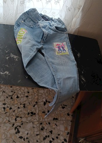 Kız Çocuk Gri Mavi Bağlama Desenli Denim Pantolon - Görsel 3