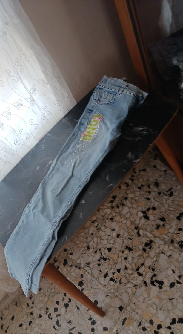 Kız Çocuk Gri Mavi Bağlama Desenli Denim Pantolon - Görsel 2