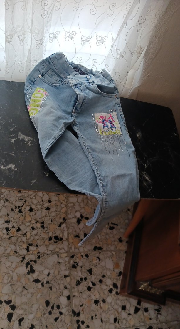 Kız Çocuk Gri Mavi Bağlama Desenli Denim Pantolon - Görsel 3