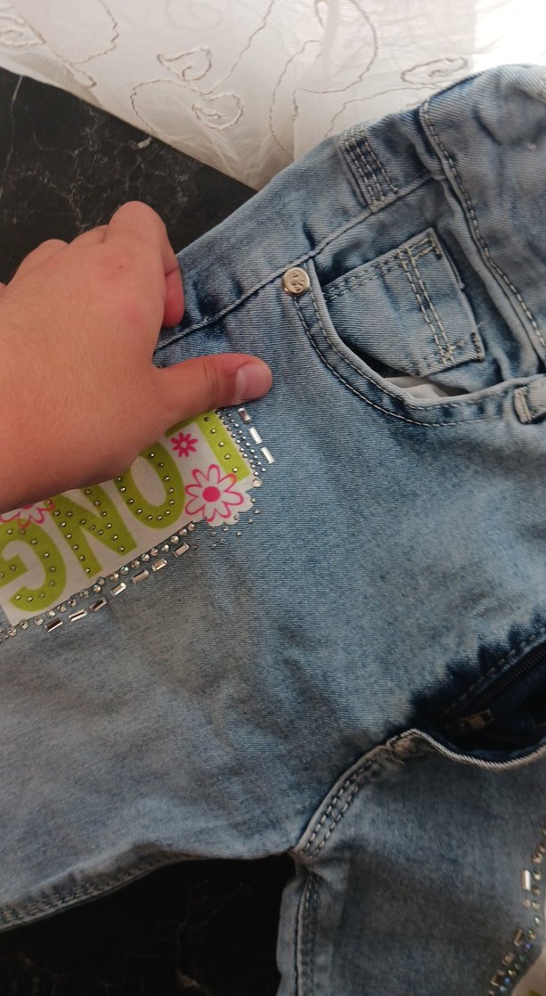 Kız Çocuk Gri Mavi Bağlama Desenli Denim Pantolon - Görsel 5