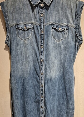 42 Beden Mavi Jeans 42 Beden Düz Kemerli Midi Denim Elbise