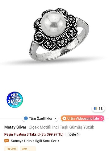Çicek Motifli İnci Taşlı Gümüş Yüzük  - Görsel 3