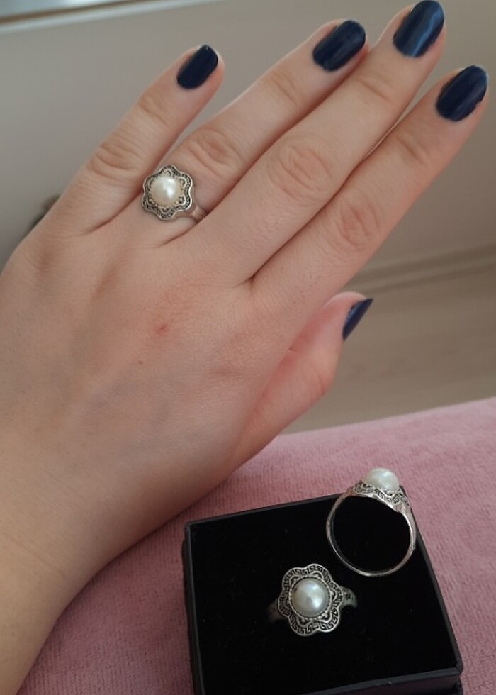 Çicek Motifli İnci Taşlı Gümüş Yüzük  - Görsel 2