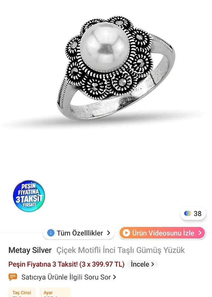 Çicek Motifli İnci Taşlı Gümüş Yüzük  - Görsel 3