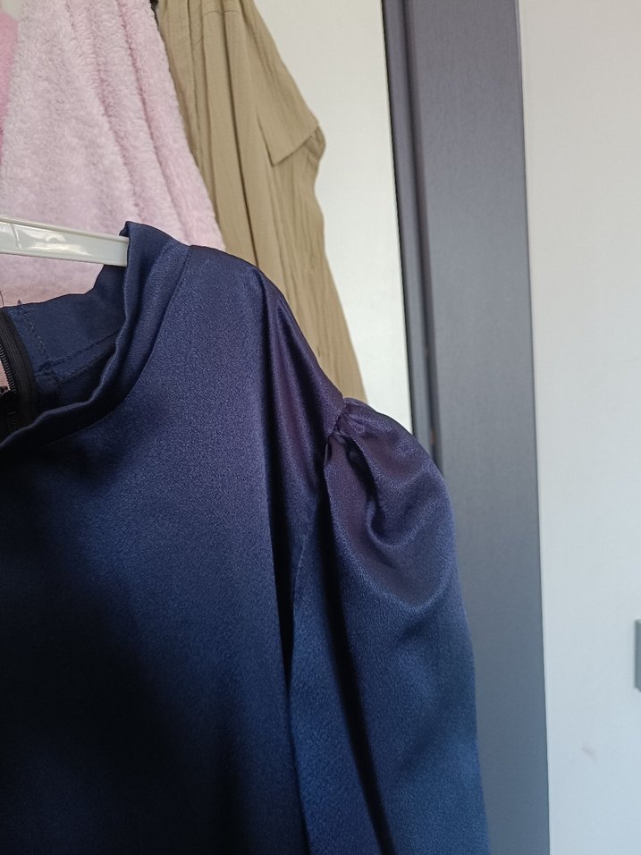 Lacivert Drapeli Uzun Kollu Uzun abiye - Görsel 5