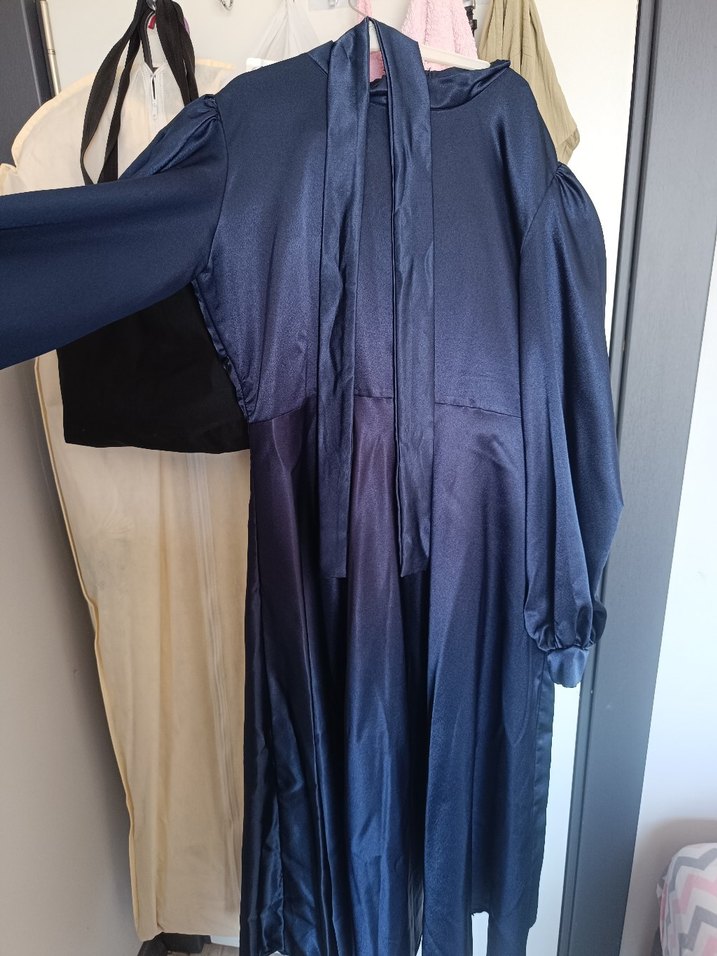 Lacivert Drapeli Uzun Kollu Uzun abiye - Görsel 3