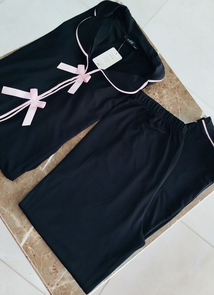 Siyah fiyonk lu Kadın Pijama Takımı V Yakalı - Görsel 4