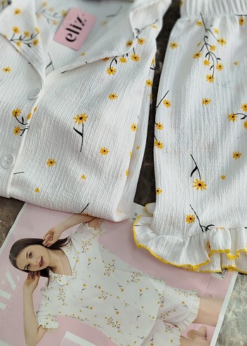 Diger Beyaz papatya desenli Kısa Kollu Mini Pijama Takımı - Görsel 7