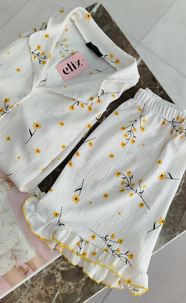 Diger Beyaz papatya desenli Kısa Kollu Mini Pijama Takımı - Görsel 2