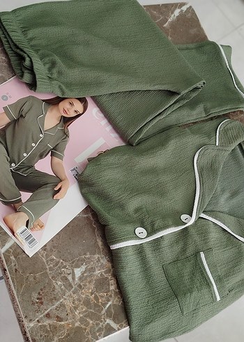 yarım Kollu haki Yeşil Rahat Kadın Pijama Takımı
