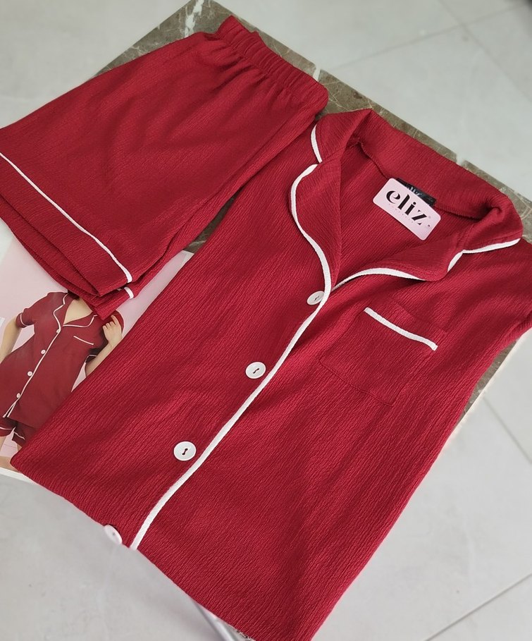 Kısa Kollu Kırmızı Mini Kadın Pijama Takımı - Görsel 2