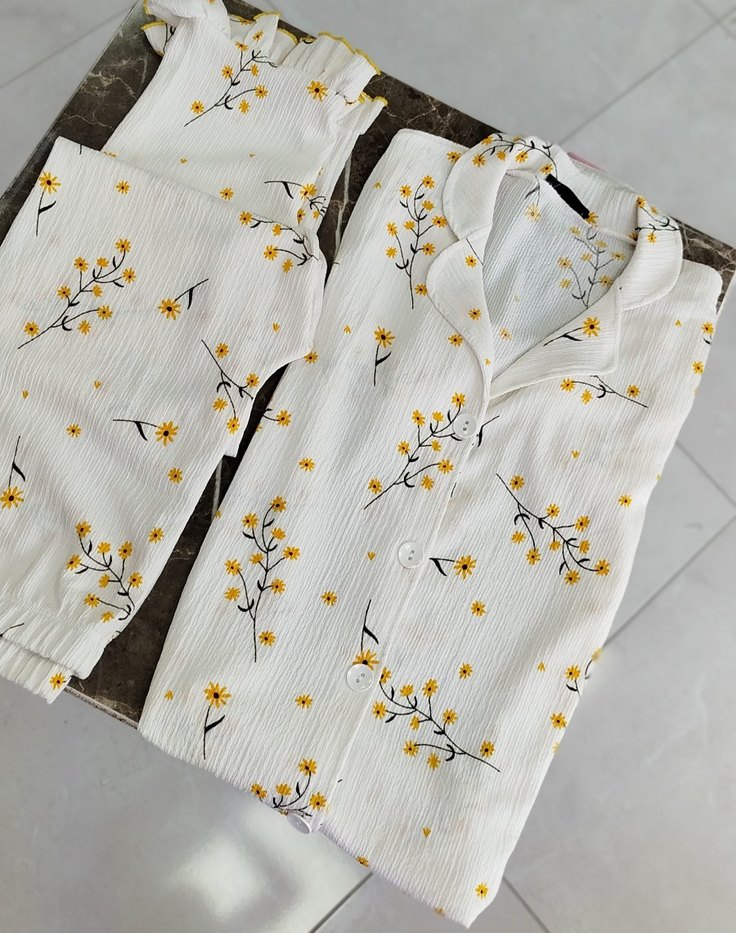 Nakışlı Beyaz Kadın Mini Pijama Takımı - Görsel 4