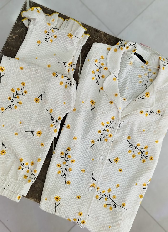 Nakışlı Beyaz Kadın Mini Pijama Takımı - Görsel 5