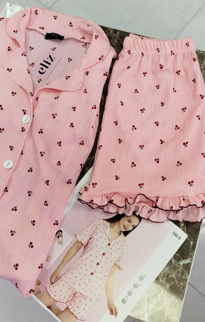 Diger Pembe Nakışlı Kısa Kollu Kadın Pijama Takımı - Görsel 2