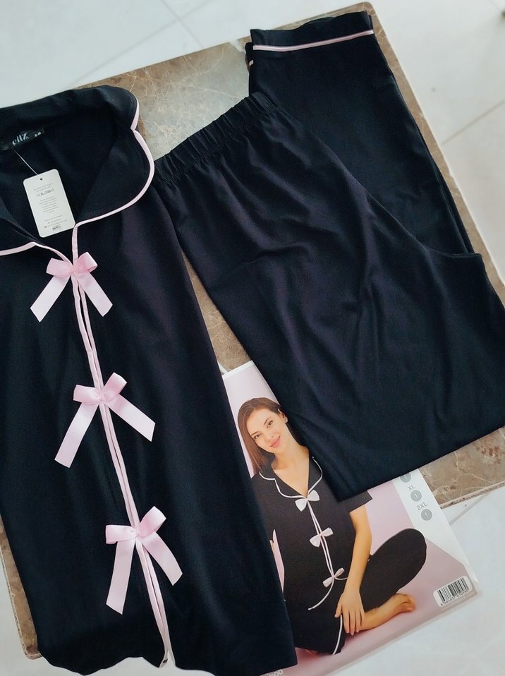 Siyah Kadın Kısa Kollu Pijama Takımı - Görsel 3