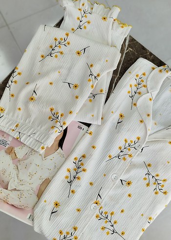 Beyaz papatya Çiçek Desenli Kısa Kollu Kadın Pijama - Görsel 5