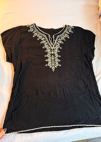 Nakışlı Siyah Bohem Şile Bezi Bluz - Görsel 3