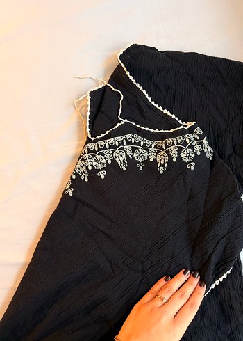 Nakışlı Siyah Bohem Şile Bezi Bluz - Görsel 2