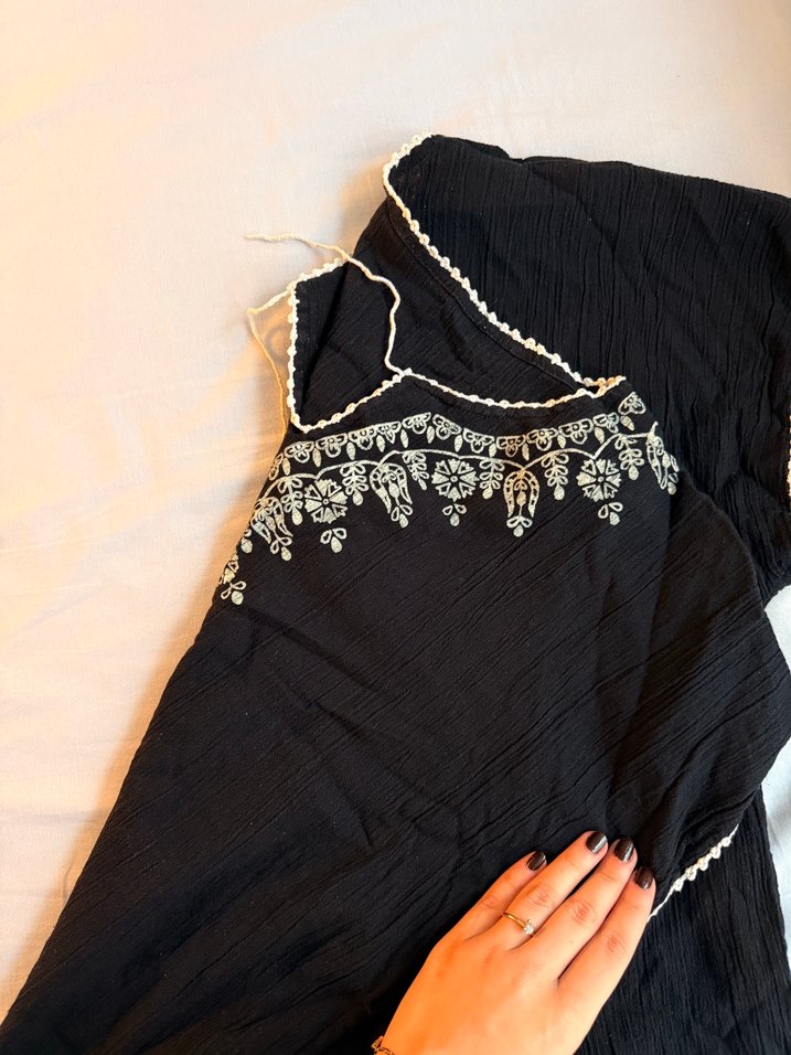 Nakışlı Siyah Bohem Şile Bezi Bluz - Görsel 2