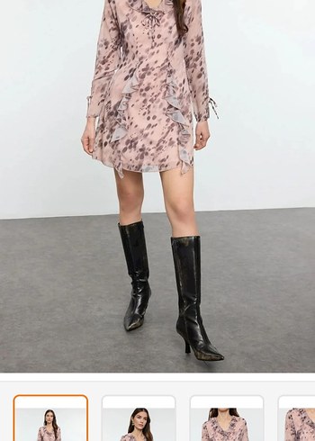 V Yaka Uzun Kollu Midi Elbise - Görsel 2